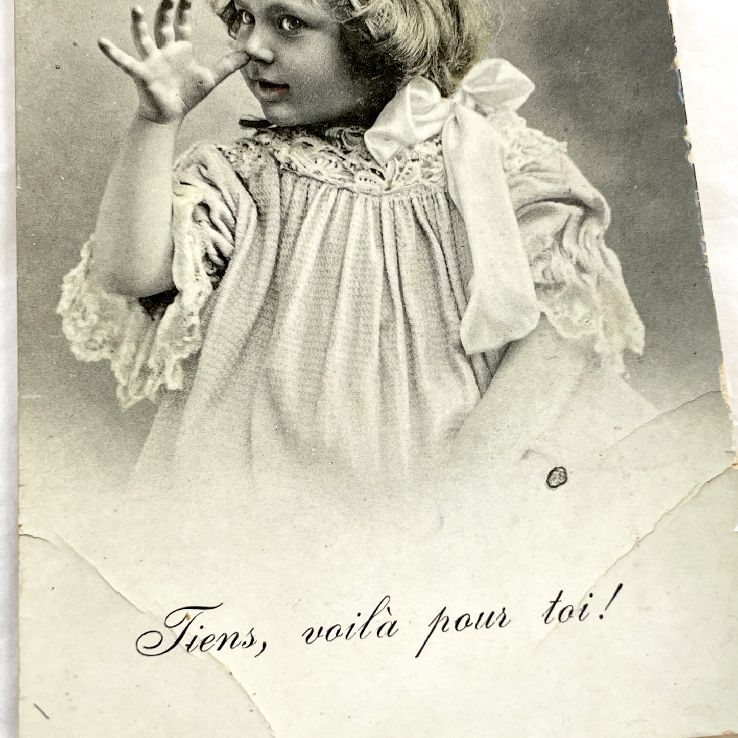 1900s - Antique French Postcard - Playful Child Portrait Photo - Vintage Ephemera Collectible - 'Tiens, Voila Pour Toi!'