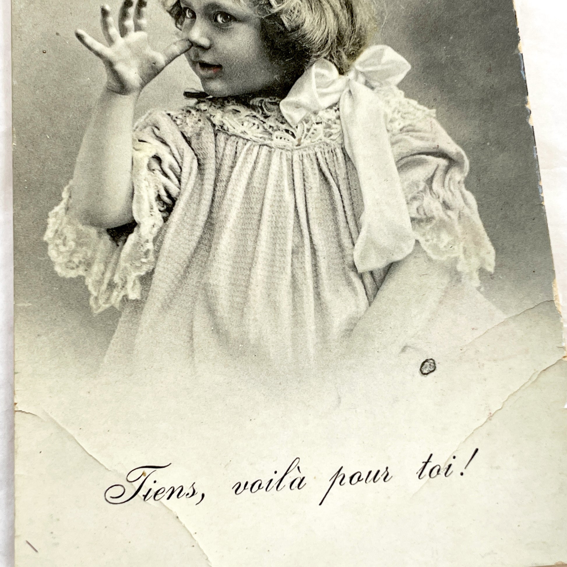 1900s - Antique French Postcard - Playful Child Portrait Photo - Vintage Ephemera Collectible - 'Tiens, Voila Pour Toi!'