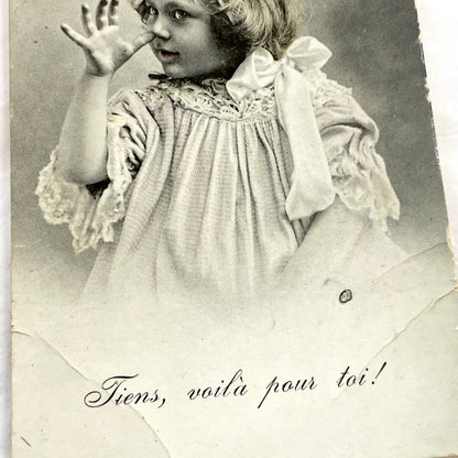 1900s - Antique French Postcard - Playful Child Portrait Photo - Vintage Ephemera Collectible - 'Tiens, Voila Pour Toi!'