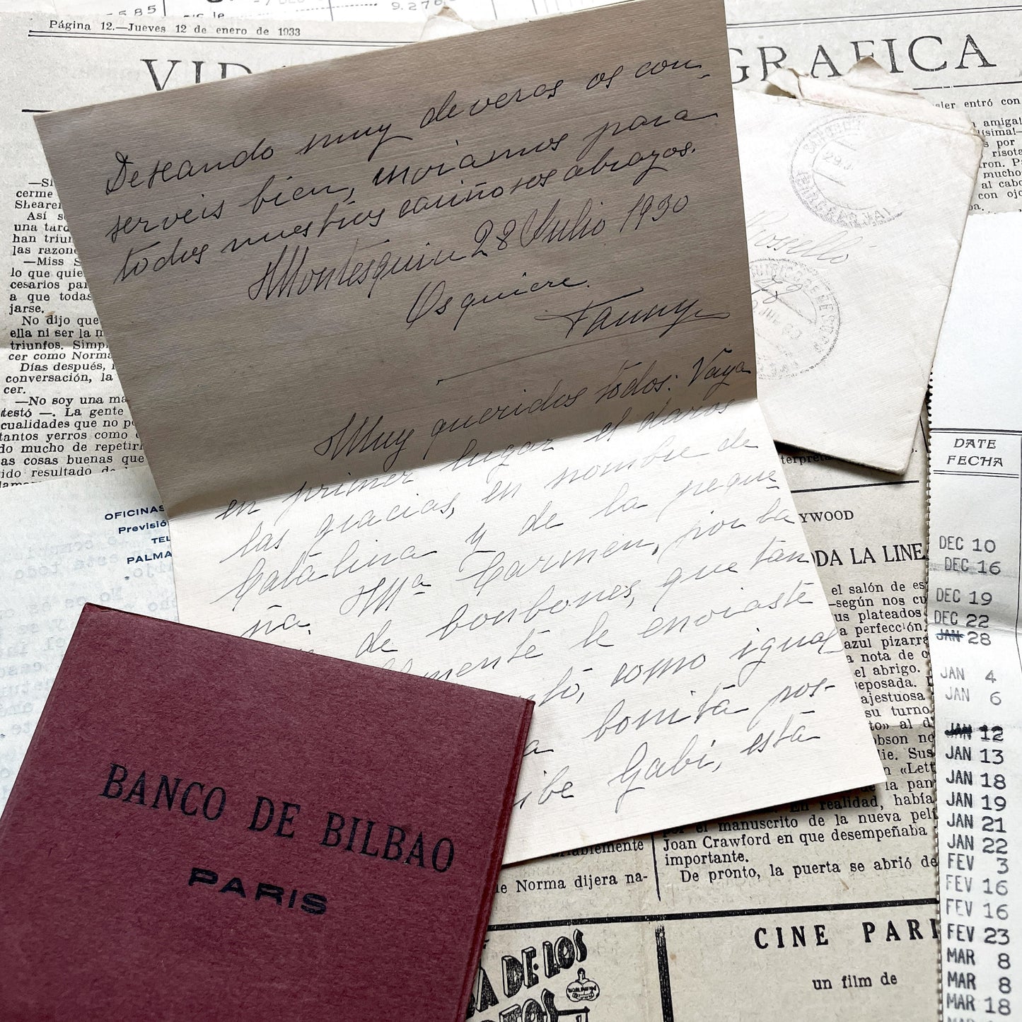 1930s - Vintage European Ephemera - Spanish and French Handwritten Letters, Bank Documents, Historical Cinema Newspaper Clippings
