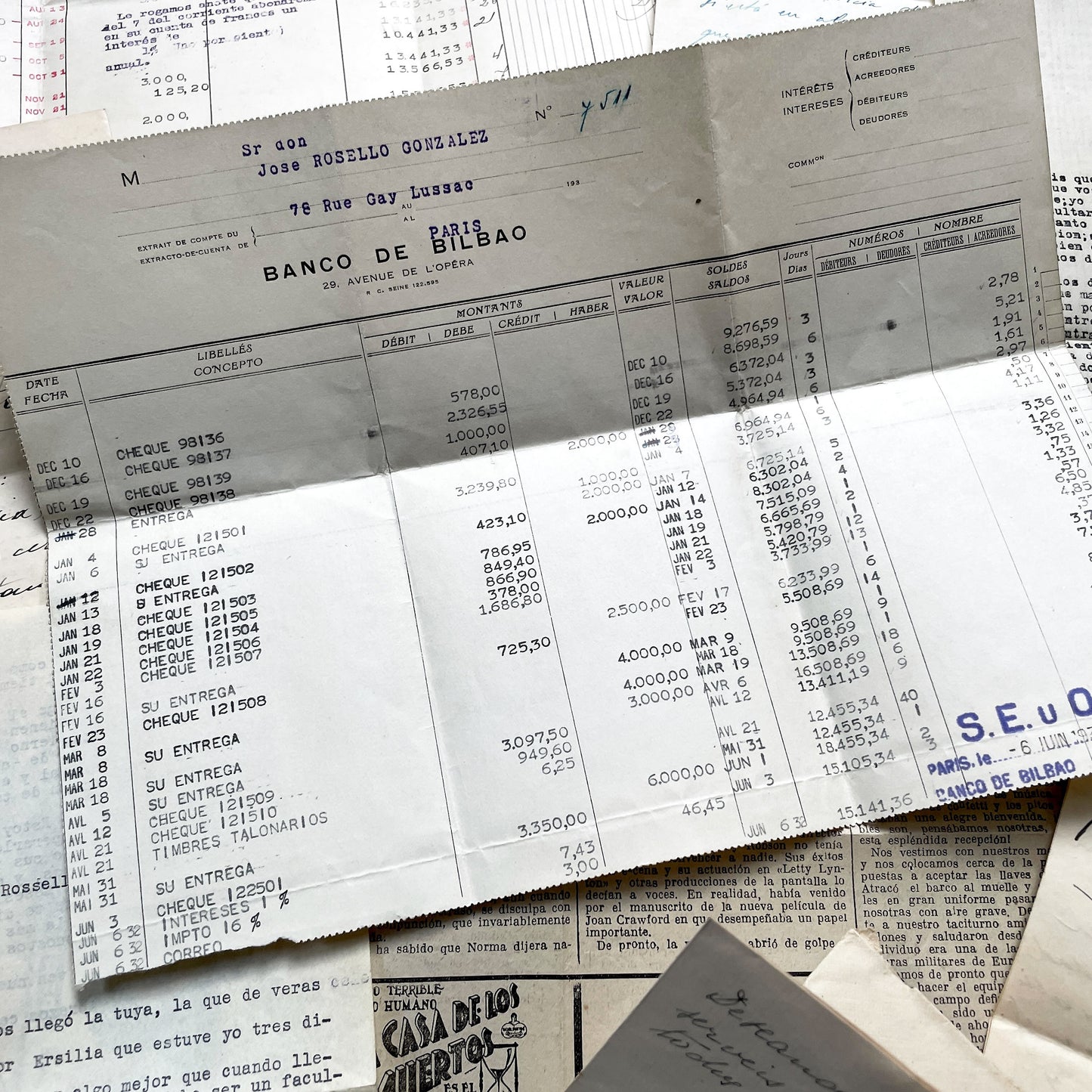 1930s - Vintage European Ephemera - Spanish and French Handwritten Letters, Bank Documents, Historical Cinema Newspaper Clippings