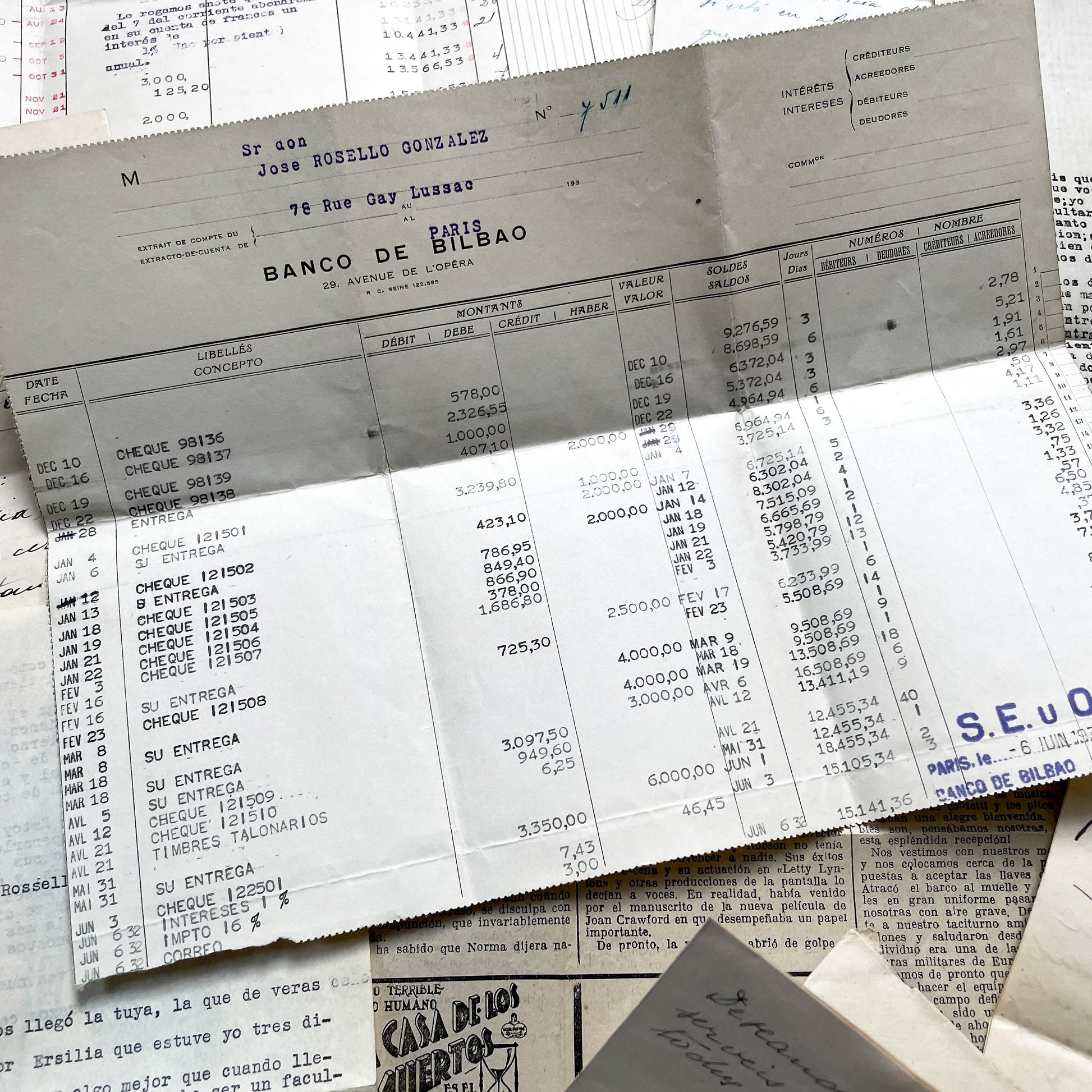 1930s - Vintage European Ephemera - Spanish and French Handwritten Letters, Bank Documents, Historical Cinema Newspaper Clippings