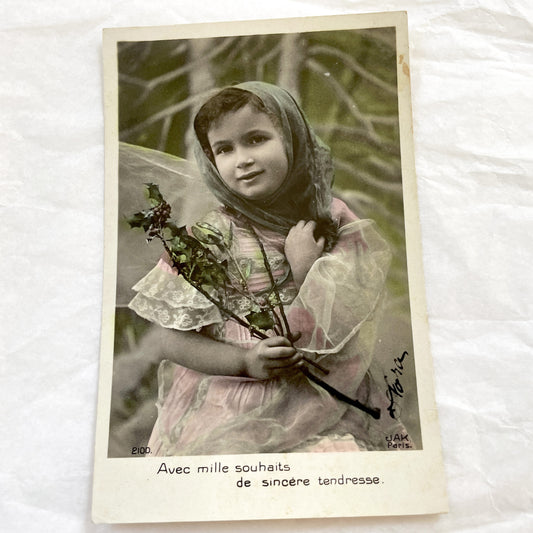 1910s - Vintage French Postcard - Sweet Child Portrait with Holly - Sentimental Antique Ephemera - Historical Collectible Card Art