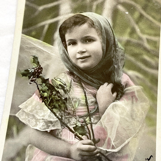 1910s - Vintage French Postcard - Sweet Child Portrait with Holly - Sentimental Antique Ephemera - Historical Collectible Card Art