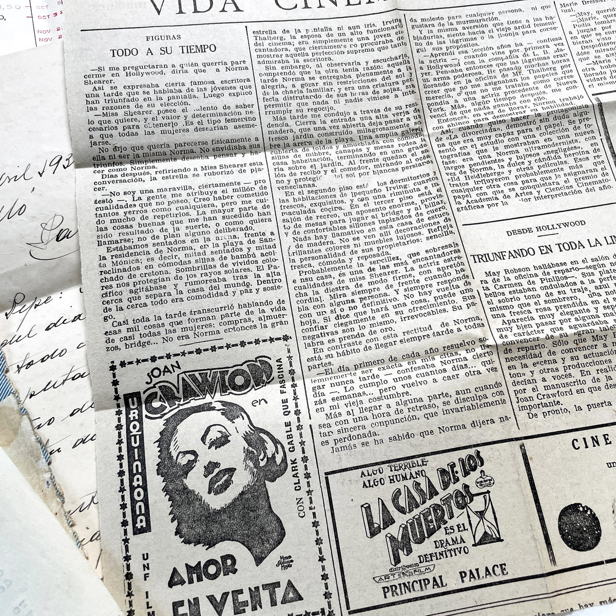 1930s - Vintage European Ephemera - Spanish and French Handwritten Letters, Bank Documents, Historical Cinema Newspaper Clippings