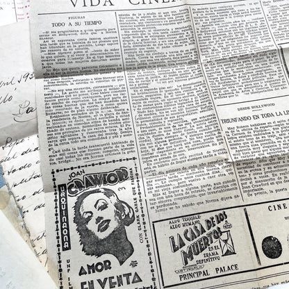 1930s - Vintage European Ephemera - Spanish and French Handwritten Letters, Bank Documents, Historical Cinema Newspaper Clippings