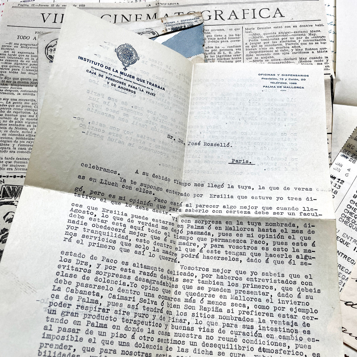 1930s - Vintage European Ephemera - Spanish and French Handwritten Letters, Bank Documents, Historical Cinema Newspaper Clippings