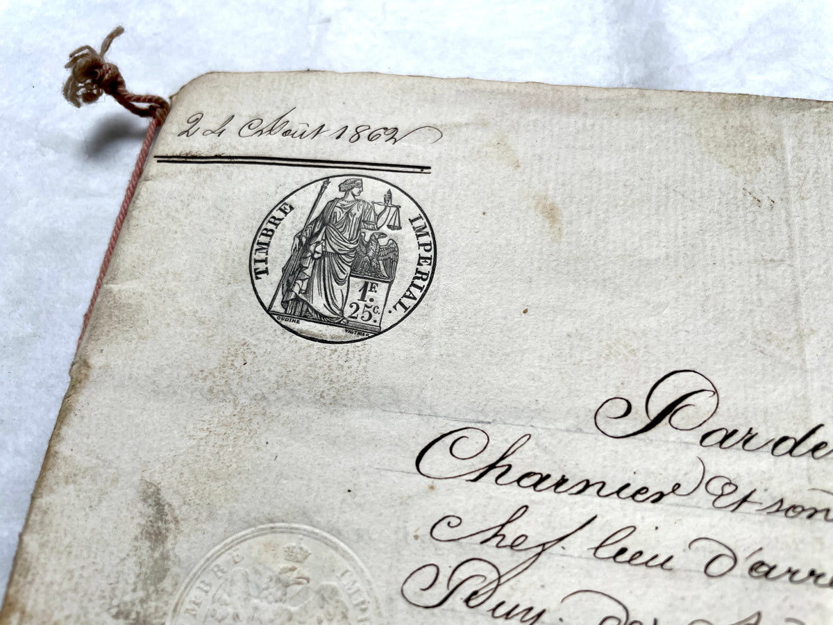 1860s French Notarial Act - Antique Legal Document with calligraphic script and Imperial stamps.