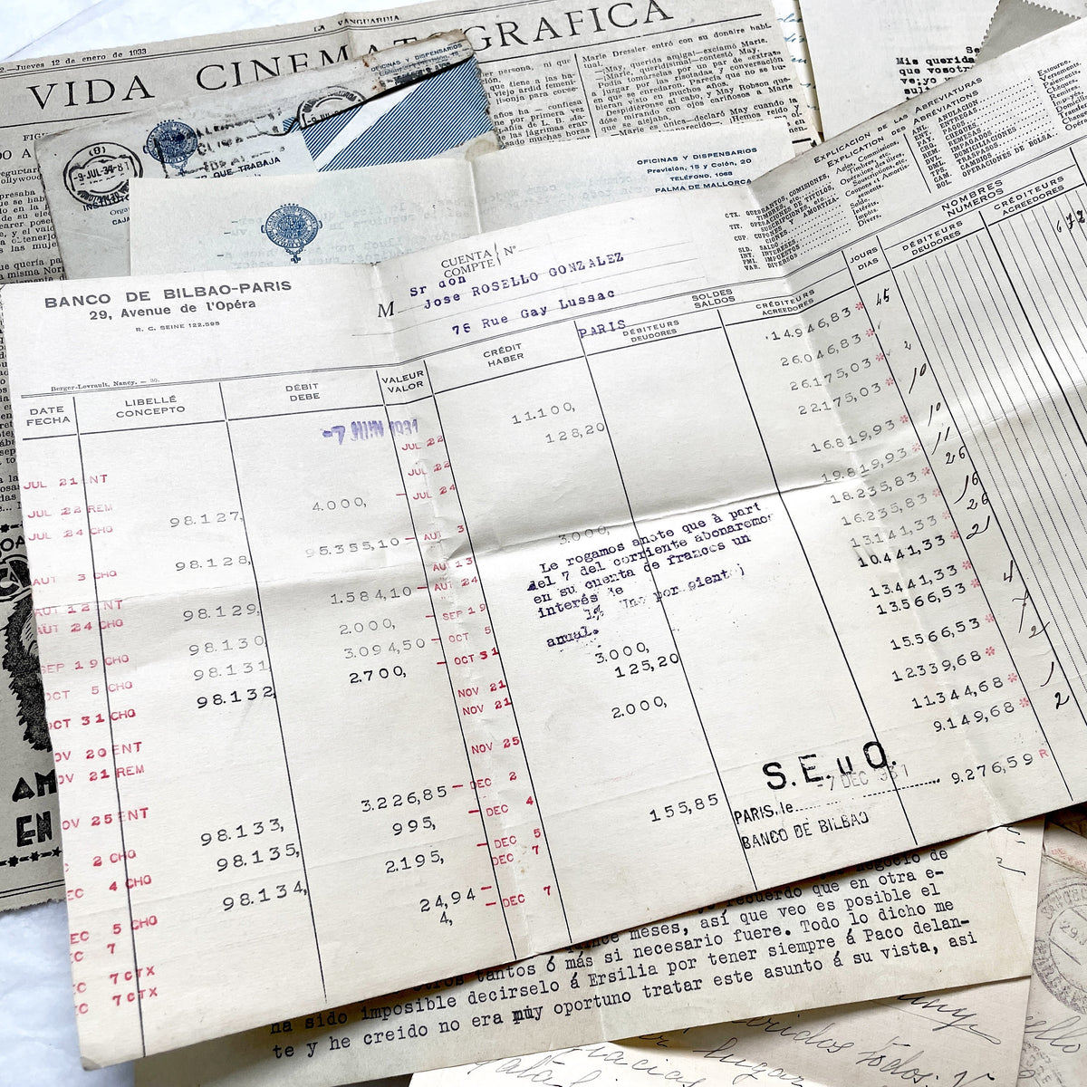 1930s - Vintage European Ephemera - Spanish and French Handwritten Letters, Bank Documents, Historical Cinema Newspaper Clippings