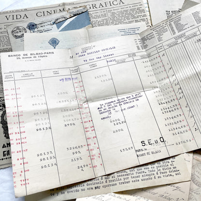 1930s - Vintage European Ephemera - Spanish and French Handwritten Letters, Bank Documents, Historical Cinema Newspaper Clippings