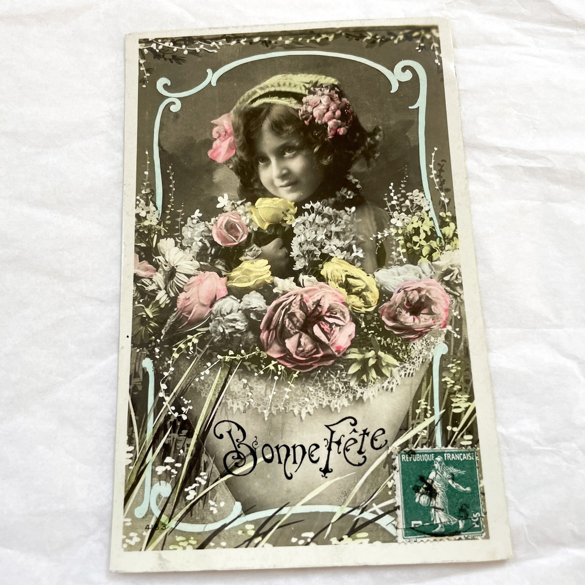 1910s - Vintage French Postcard - Little Girl With Flowers - Bonne Fete Greeting Card - Hand Tinted Sepia Photo Ephemera Collectible