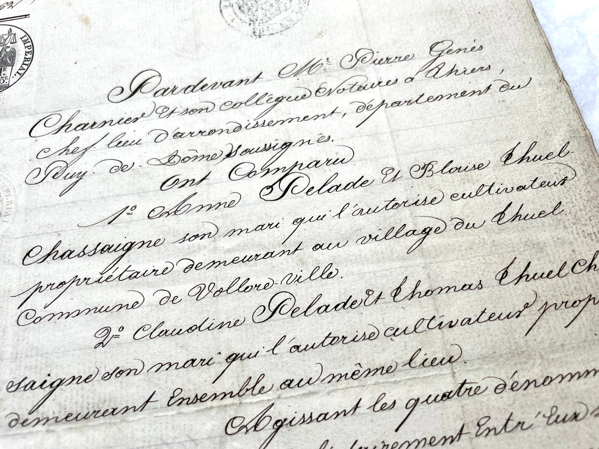 1860s French Notarial Act - Antique Legal Document with calligraphic script and Imperial stamps.