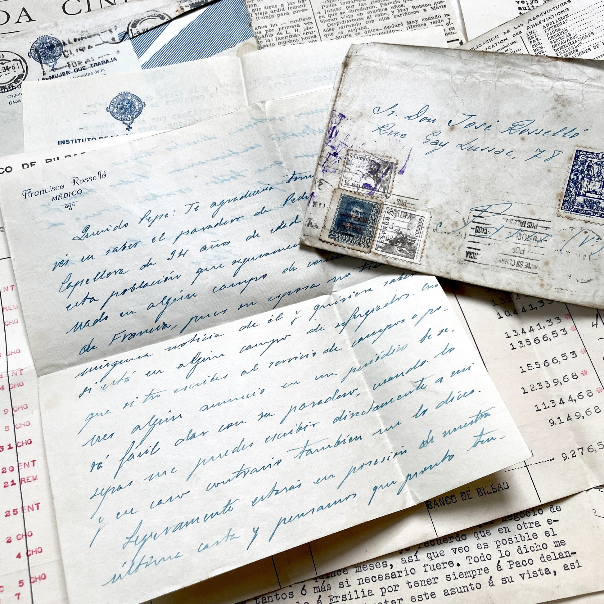 1930s - Vintage European Ephemera - Spanish and French Handwritten Letters, Bank Documents, Historical Cinema Newspaper Clippings