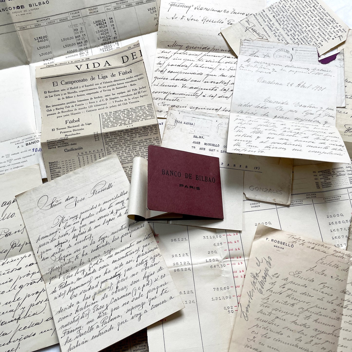 1930s - Vintage Spanish Bank Documents - Football League Clipping - Handwritten Letters from Barcelona - Military Censorship