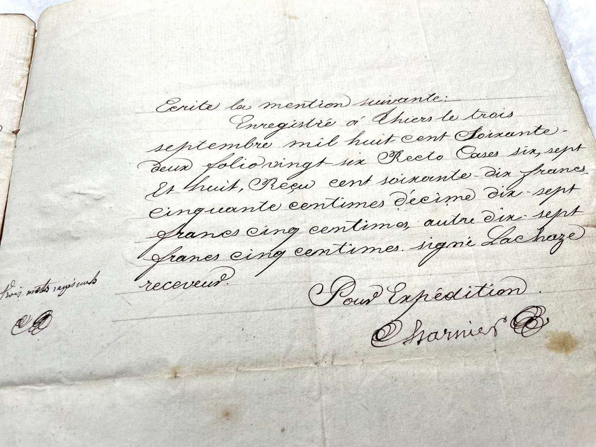 1860s French Notarial Act - Antique Legal Document with calligraphic script and Imperial stamps.