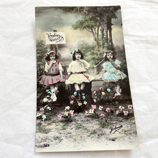 1910s - Vintage Hand-Colored Postcard - Three Girls Sweet Innocence - Tendres Baisers French Card - Yolande Series 753 Antique Collectible