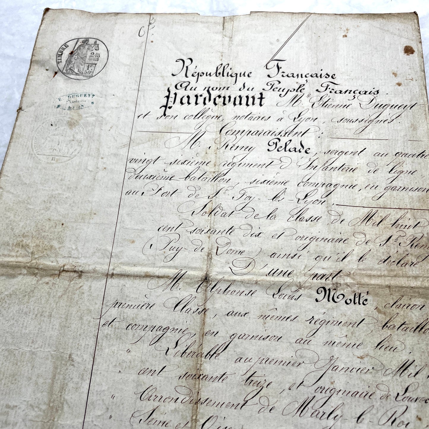 Late 19th Century French Notarial Act - Handwritten legal document from 1873 with elegant script and official stamps.