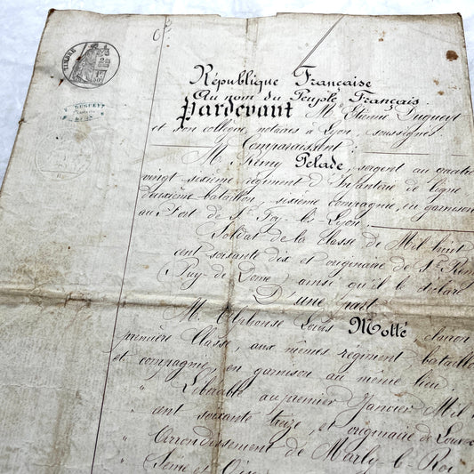 Late 19th Century French Notarial Act - Handwritten legal document from 1873 with elegant script and official stamps.