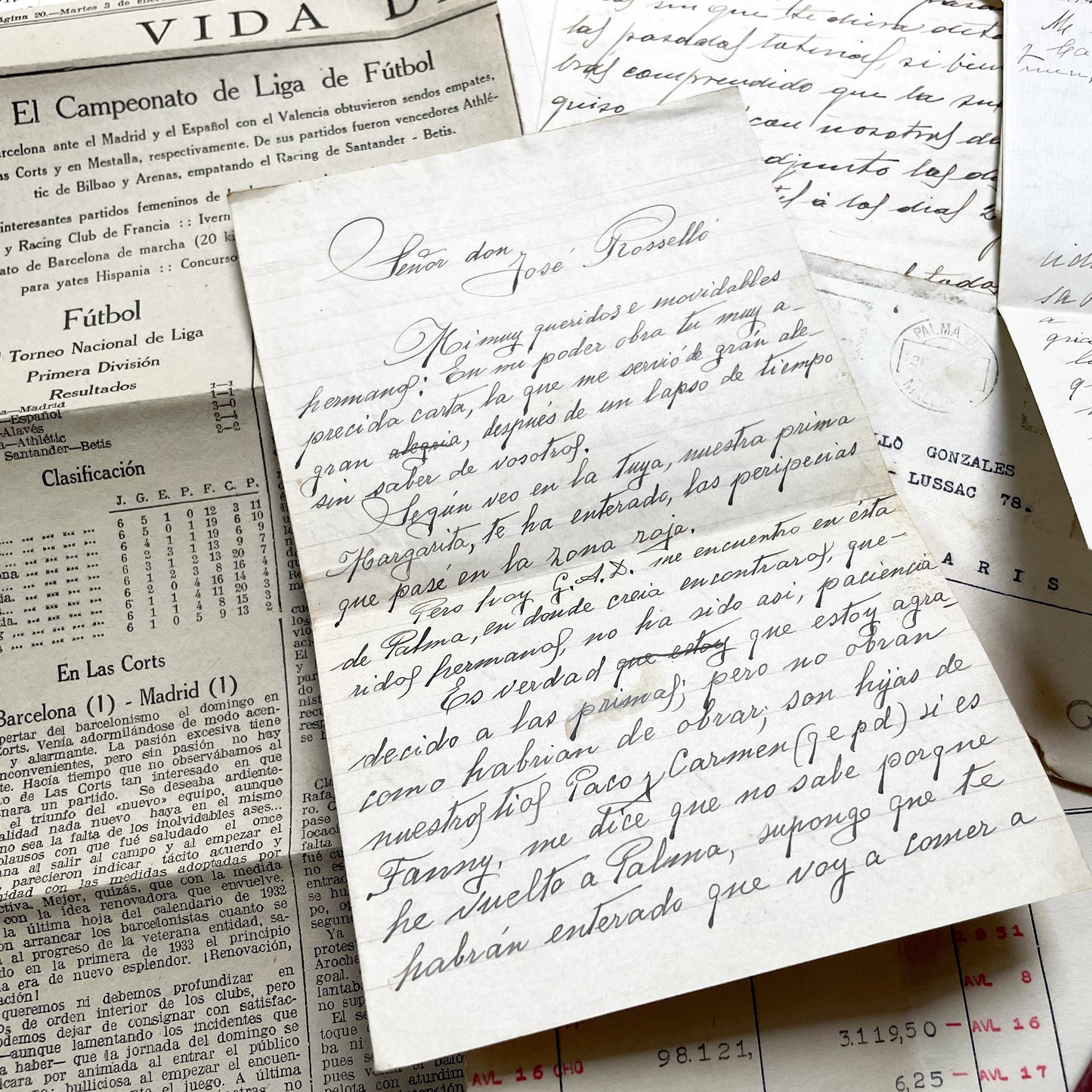 1930s - Vintage Spanish Bank Documents - Football League Clipping - Handwritten Letters from Barcelona - Military Censorship