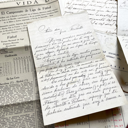 1930s - Vintage Spanish Bank Documents - Football League Clipping - Handwritten Letters from Barcelona - Military Censorship