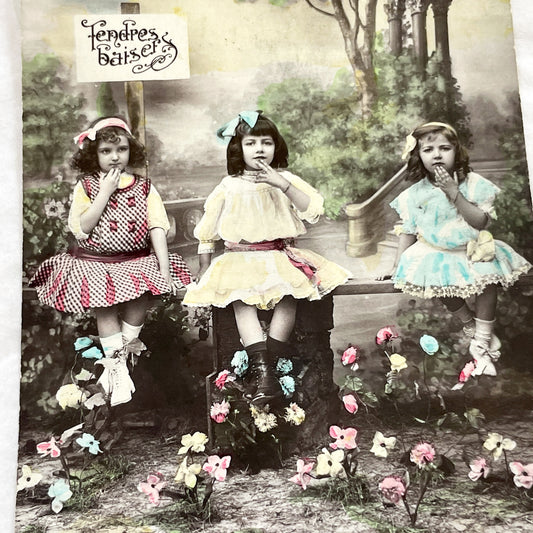 1910s - Vintage Hand-Colored Postcard - Three Girls Sweet Innocence - Tendres Baisers French Card - Yolande Series 753 Antique Collectible