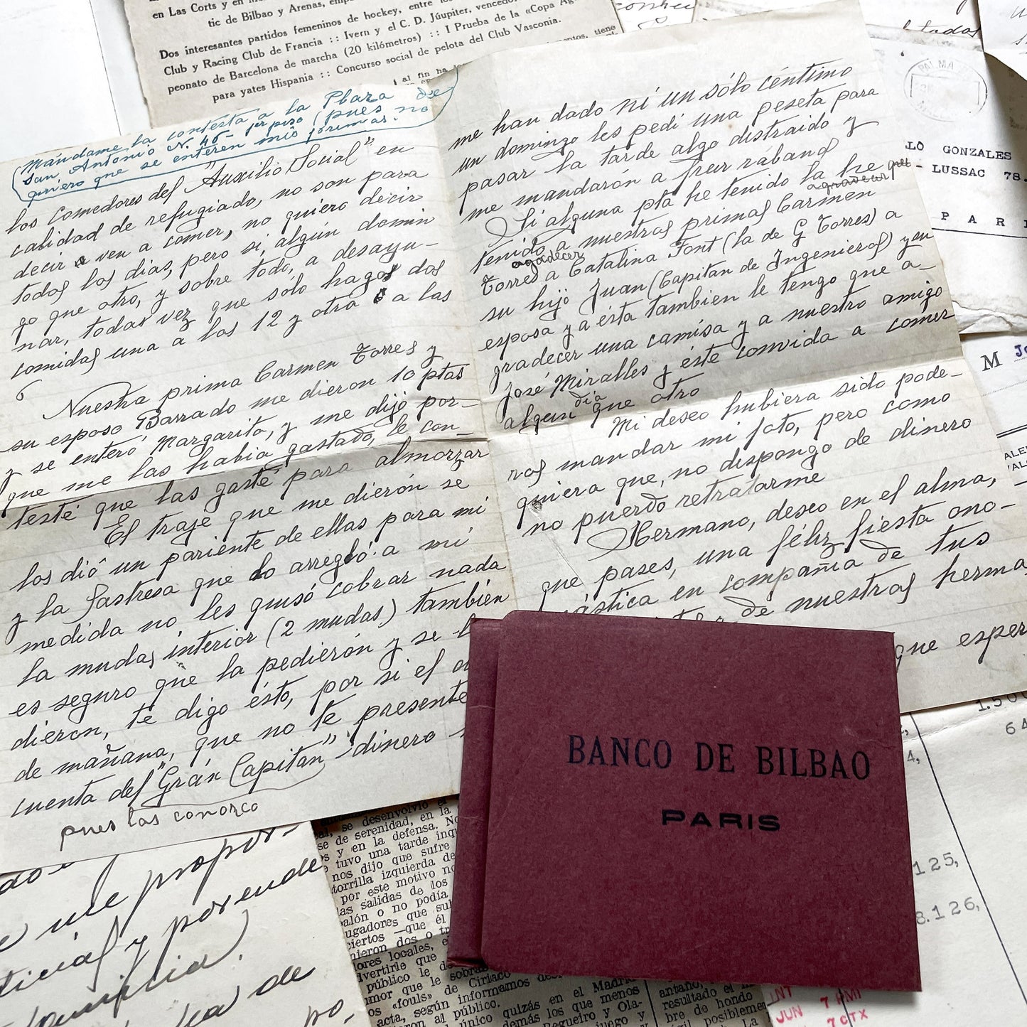 1930s - Vintage Spanish Bank Documents - Football League Clipping - Handwritten Letters from Barcelona - Military Censorship