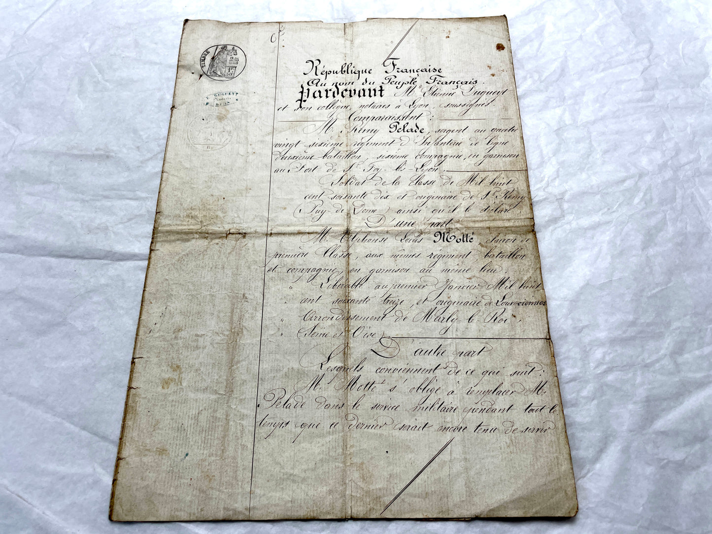 Late 19th Century French Notarial Act - Handwritten legal document from 1873 with elegant script and official stamps.