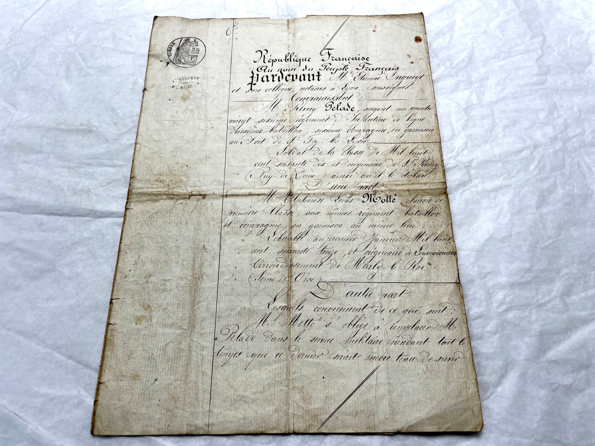 Late 19th Century French Notarial Act - Handwritten legal document from 1873 with elegant script and official stamps.