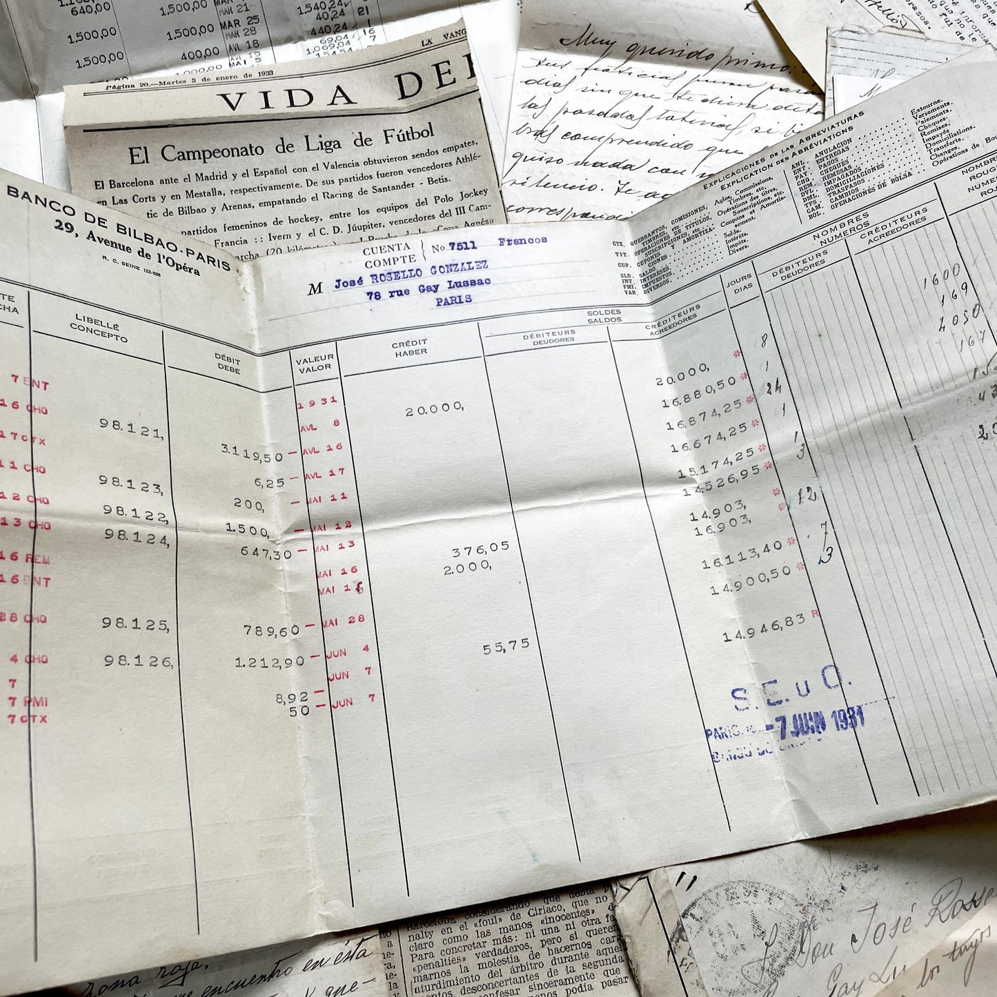 1930s - Vintage Spanish Bank Documents - Football League Clipping - Handwritten Letters from Barcelona - Military Censorship