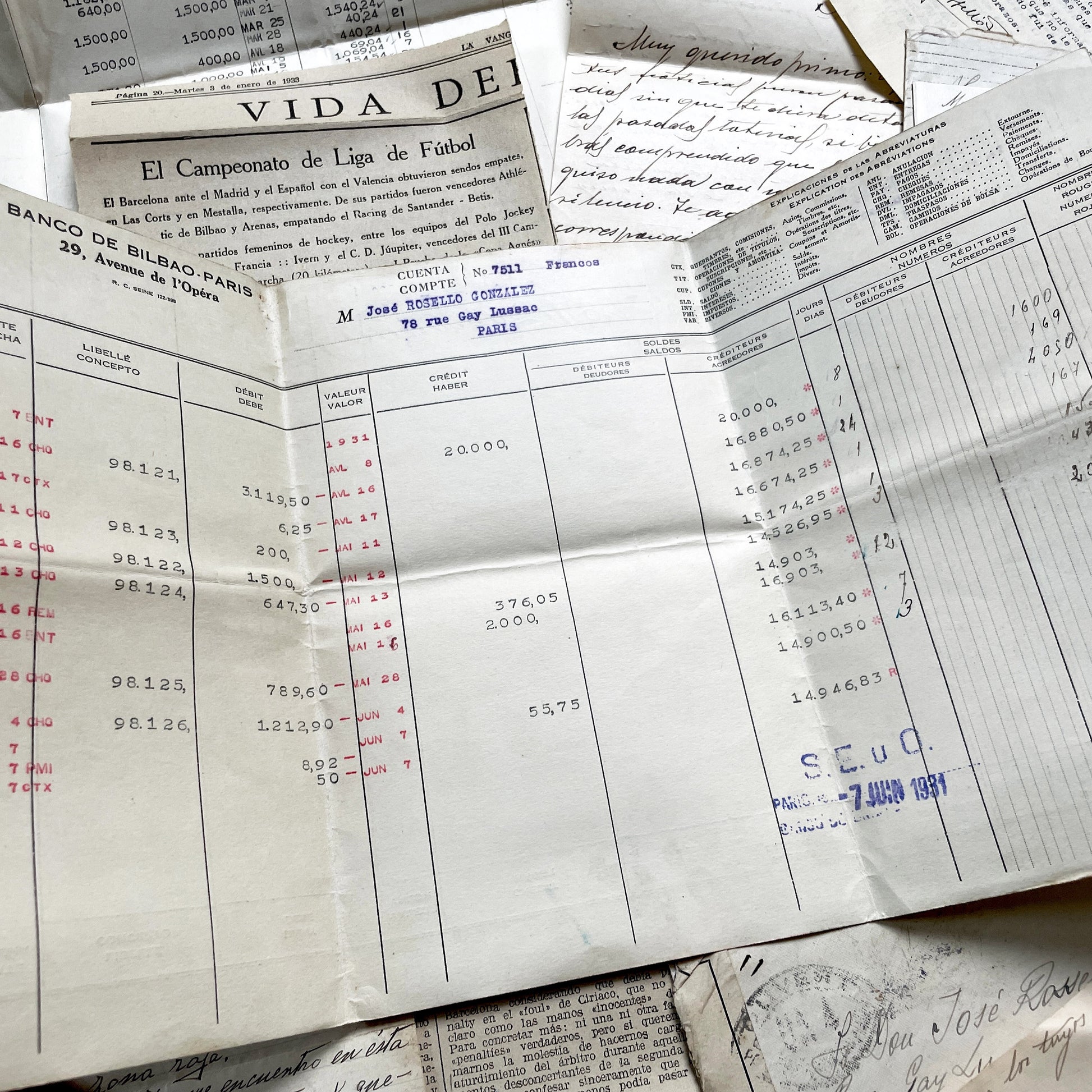 1930s - Vintage Spanish Bank Documents - Football League Clipping - Handwritten Letters from Barcelona - Military Censorship