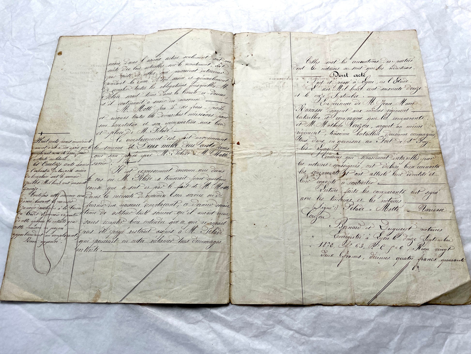 Late 19th Century French Notarial Act - Handwritten legal document from 1873 with elegant script and official stamps.