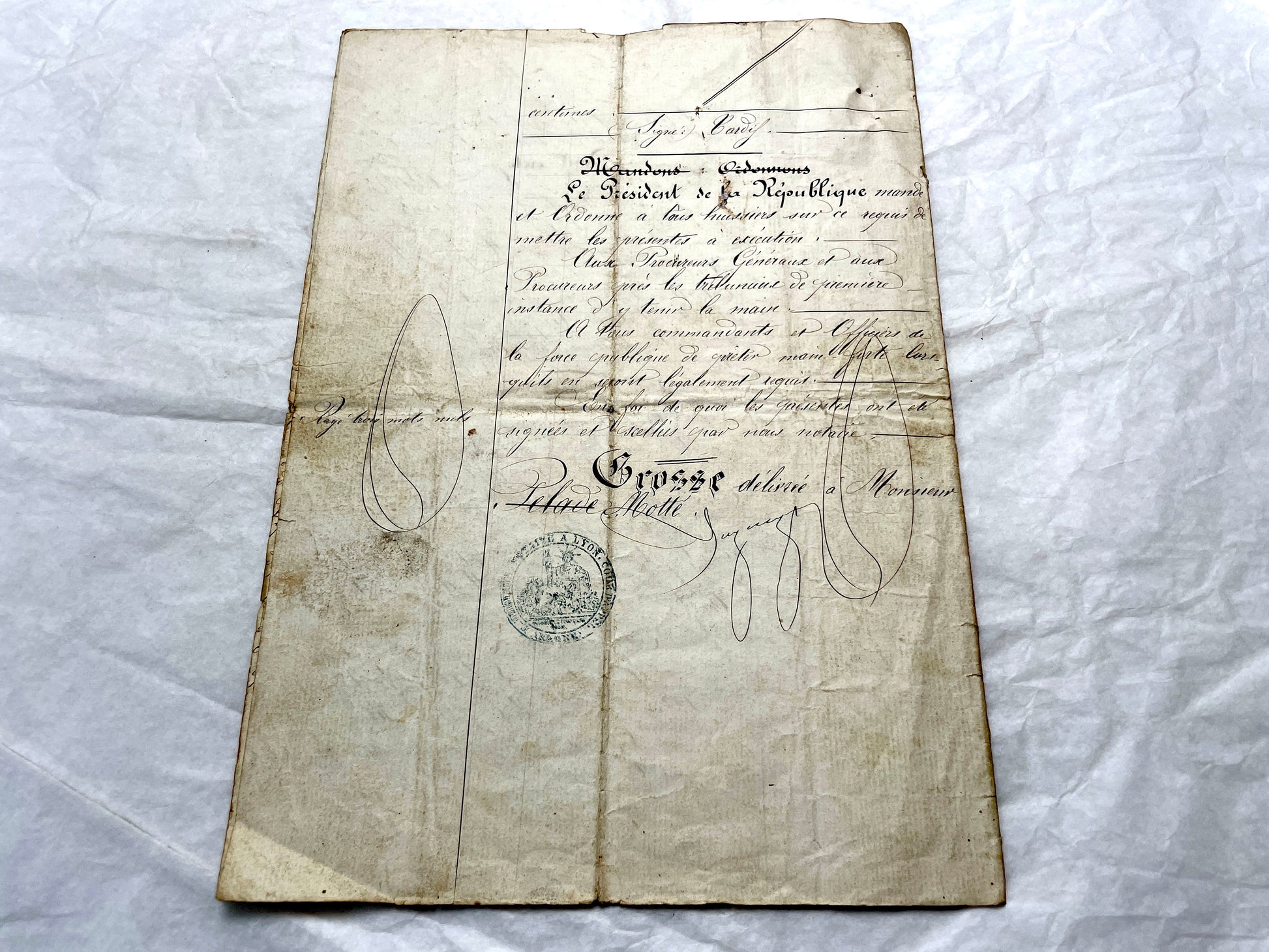 Late 19th Century French Notarial Act - Handwritten legal document from 1873 with elegant script and official stamps.