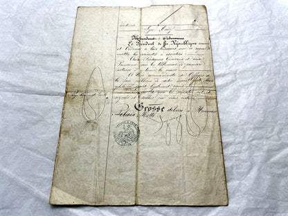 Late 19th Century French Notarial Act - Handwritten legal document from 1873 with elegant script and official stamps.