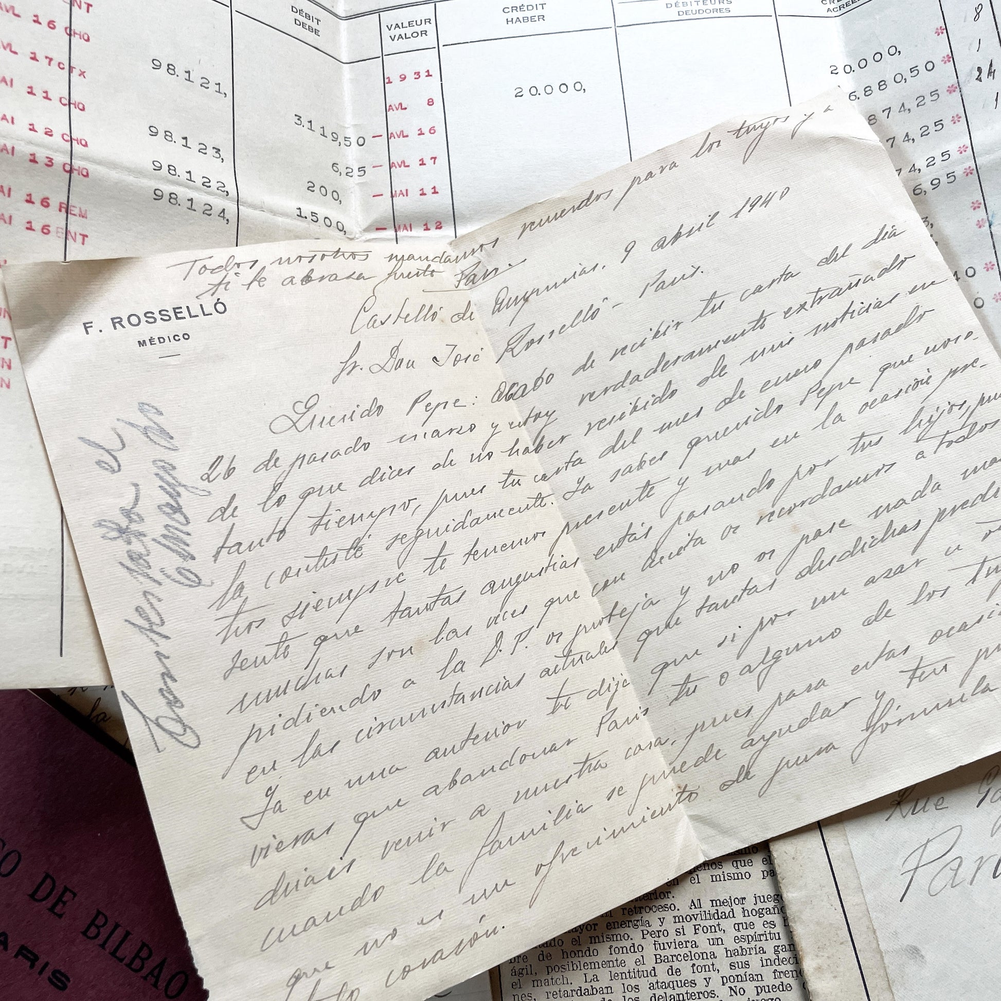 1930s - Vintage Spanish Bank Documents - Football League Clipping - Handwritten Letters from Barcelona - Military Censorship