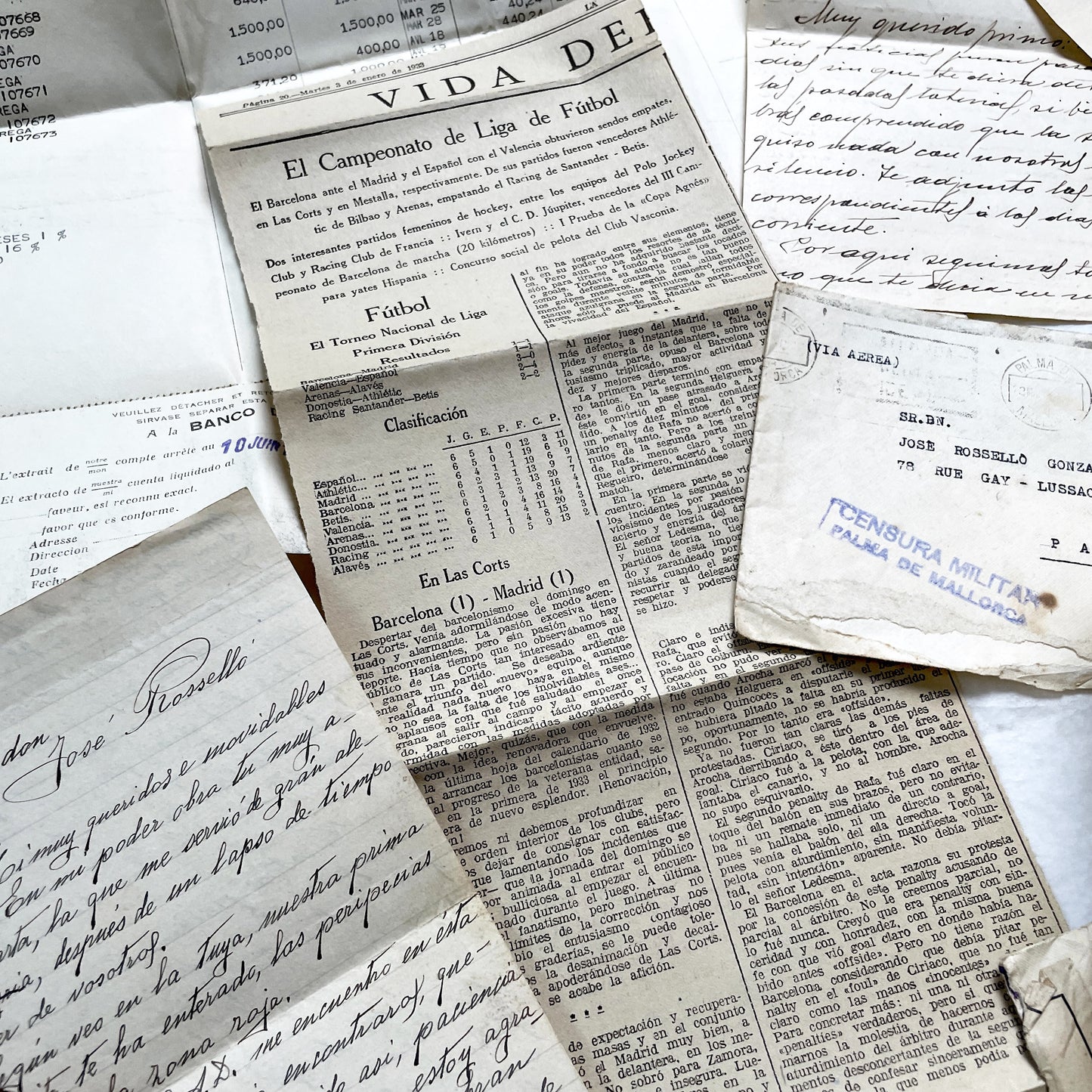 1930s - Vintage Spanish Bank Documents - Football League Clipping - Handwritten Letters from Barcelona - Military Censorship