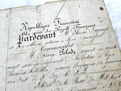 Late 19th Century French Notarial Act - Handwritten legal document from 1873 with elegant script and official stamps.