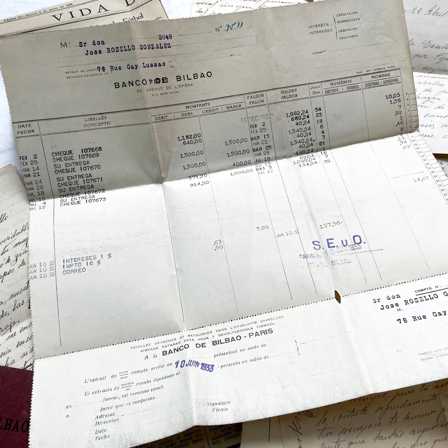 1930s - Vintage Spanish Bank Documents - Football League Clipping - Handwritten Letters from Barcelona - Military Censorship
