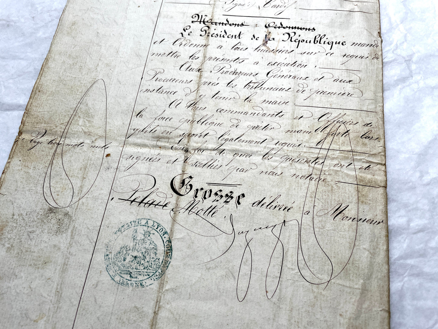 Late 19th Century French Notarial Act - Handwritten legal document from 1873 with elegant script and official stamps.