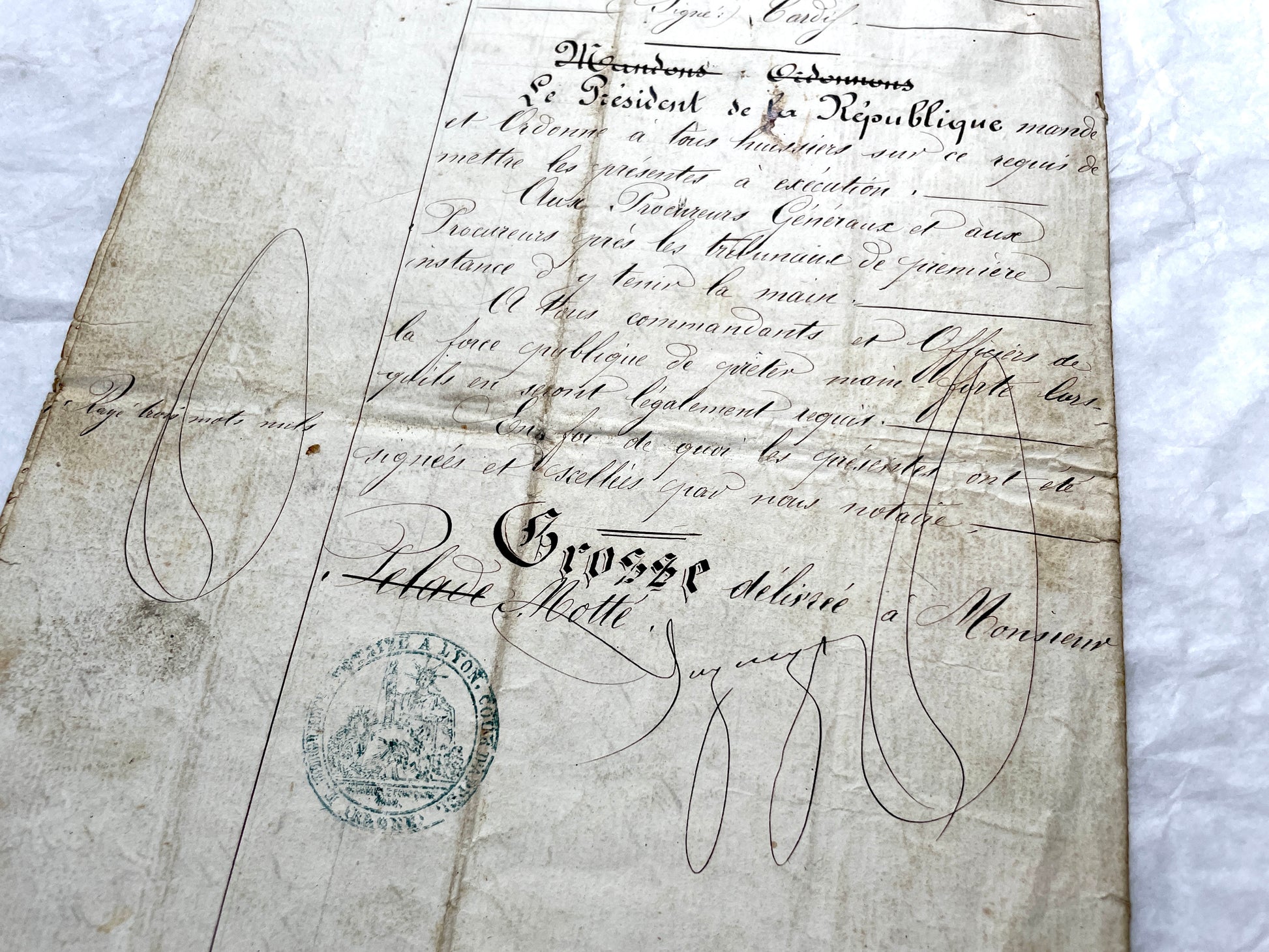 Late 19th Century French Notarial Act - Handwritten legal document from 1873 with elegant script and official stamps.