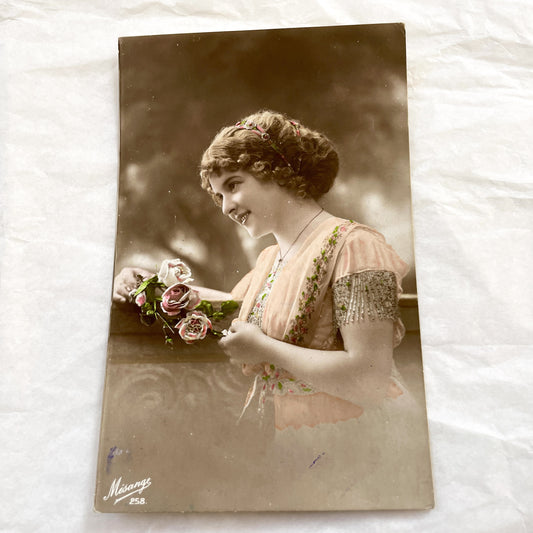 1910s - Antique Edwardian Woman Portrait - Hand-Colored Photo - Beaded Dress - Floral Hair Ornament - Vintage Mésange Studio Card