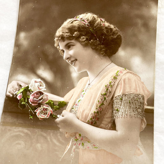 1910s - Antique Edwardian Woman Portrait - Hand-Colored Photo - Beaded Dress - Floral Hair Ornament - Vintage Mésange Studio Card