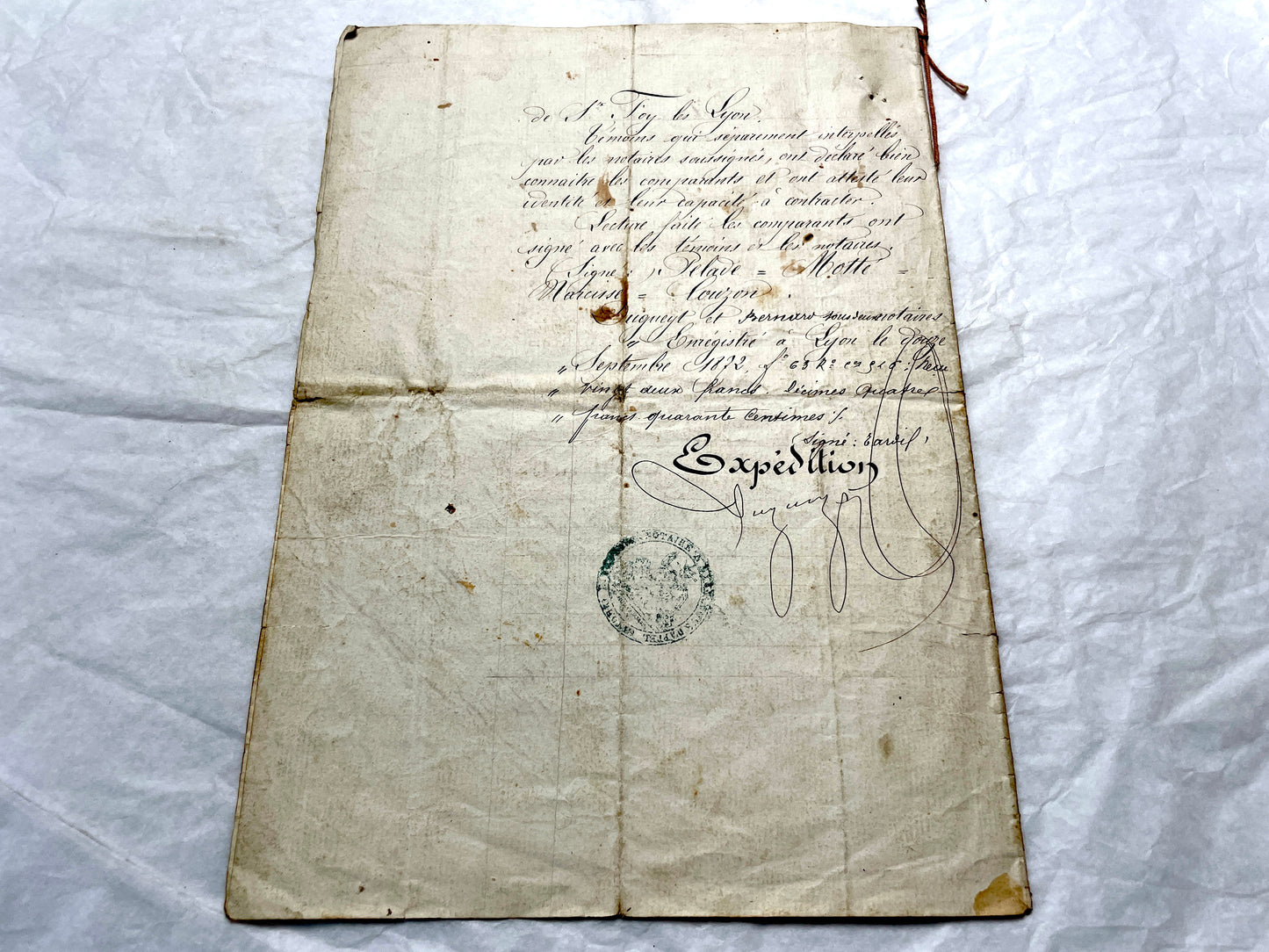 Late 19th Century French Notarial Act - Handwritten Manuscript with Elegant Calligraphy and Official Seals.