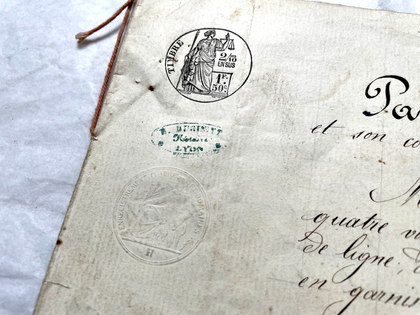 Late 19th Century French Notarial Act - Handwritten Manuscript with Elegant Calligraphy and Official Seals.