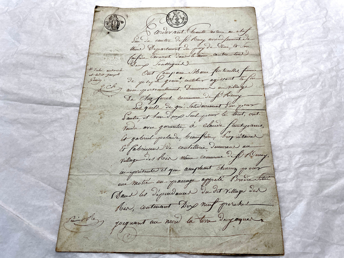 1810s French notarial act - detailed handwritten legal document with official stamps and elegant French script.