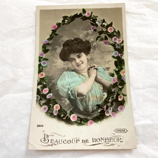 1910s - Vintage French Postcard - Elegant Woman Portrait - Hand Colored Flowers - Beaucoup De Bonheur Antique Ephemera - Opera Series