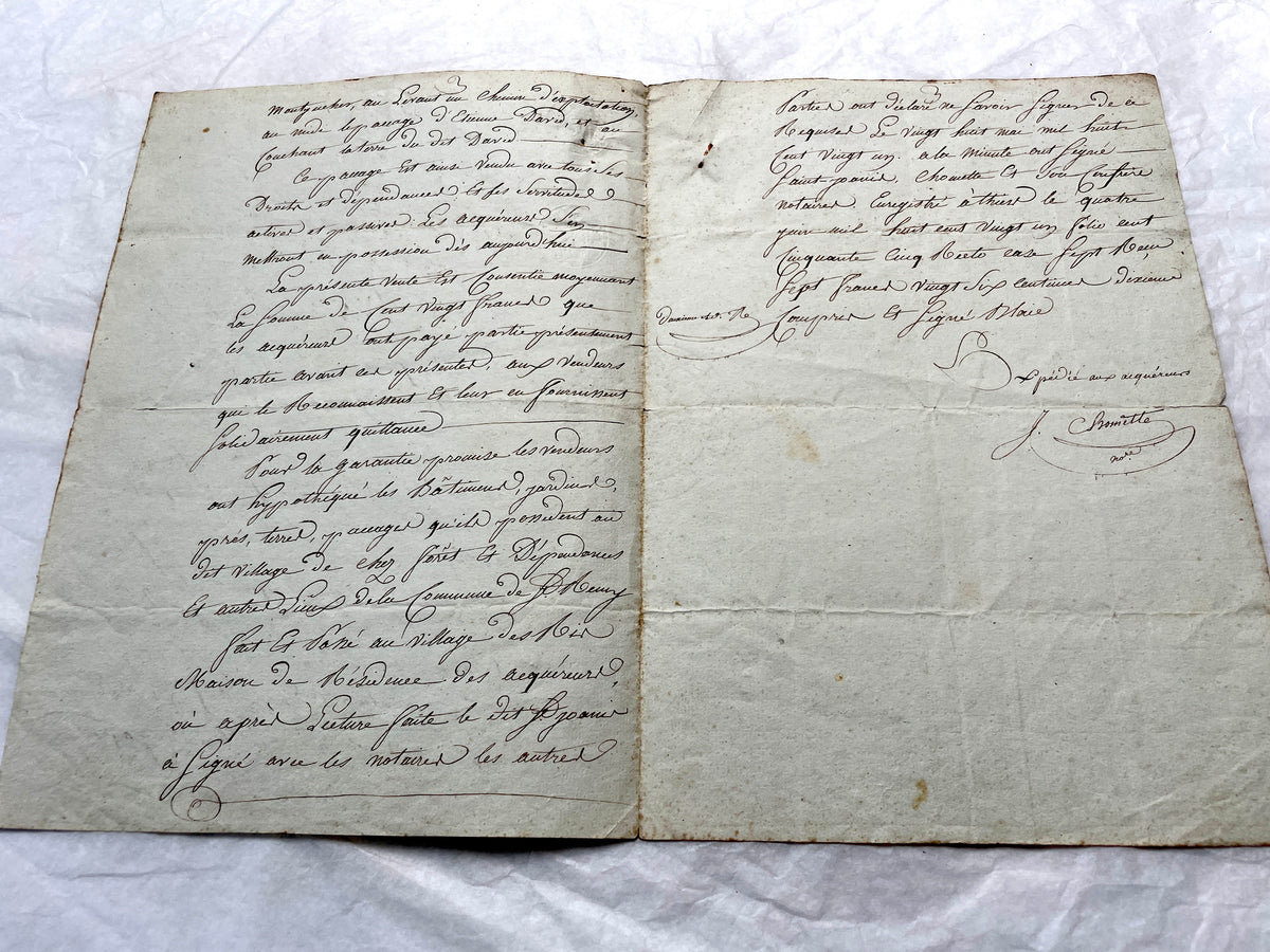 1810s French notarial act - detailed handwritten legal document with official stamps and elegant French script.