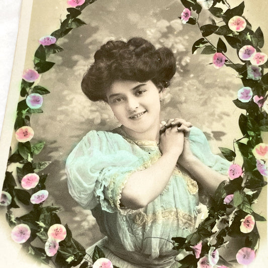 1910s - Vintage French Postcard - Elegant Woman Portrait - Hand Colored Flowers - Beaucoup De Bonheur Antique Ephemera - Opera Series