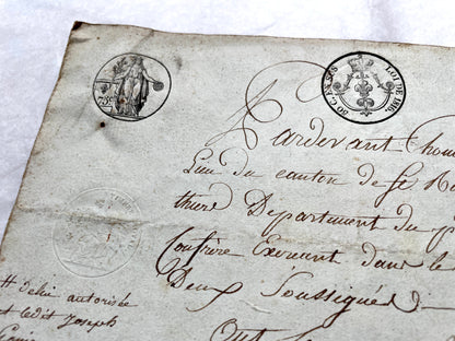 1810s French notarial act - detailed handwritten legal document with official stamps and elegant French script.