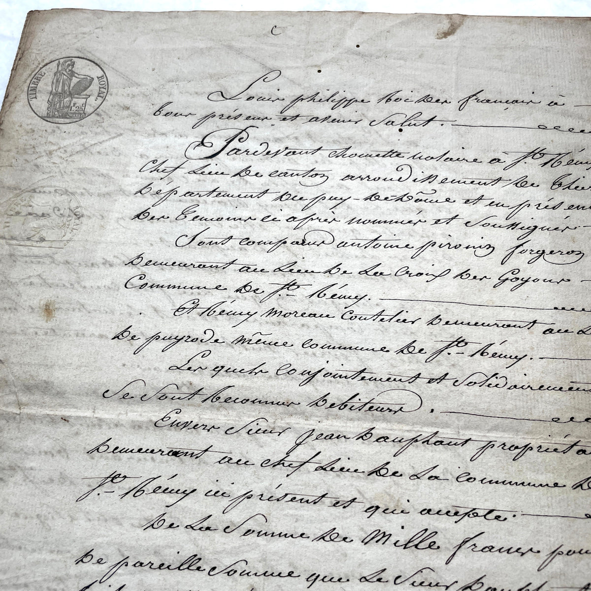 Mid 19th French Notarial Act document featuring ornate handwritten script and a clear royal fiscal stamp from the Louis Phili