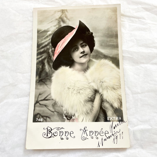 1910s - Elegant Edwardian Lady Postcard - Hand Colored Fashion Portrait - Vintage New Year Greeting Card Ephemera Collectible